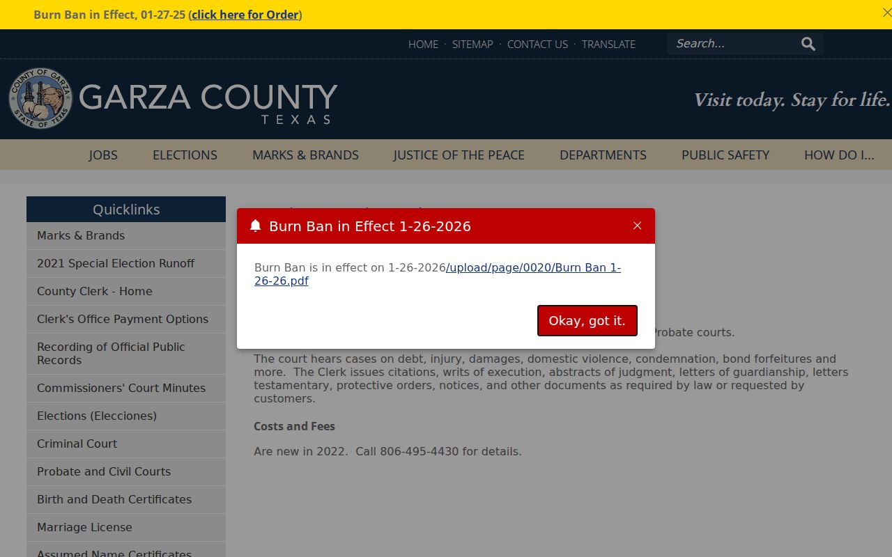 Garza County Probate and Civil Court records page