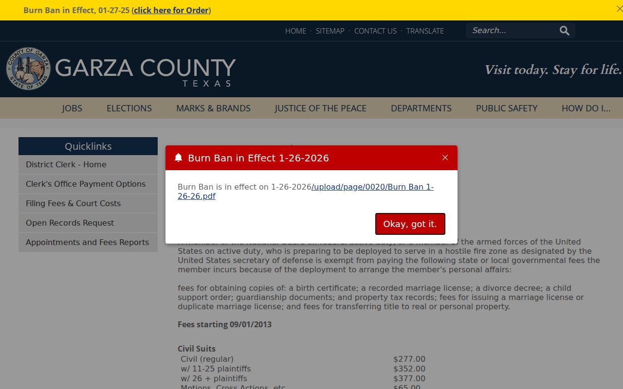 Garza County District Clerk fee and court cost page