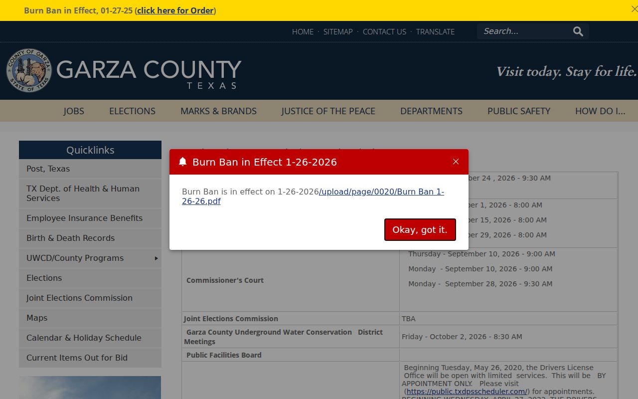 Garza County court calendar and holiday schedule