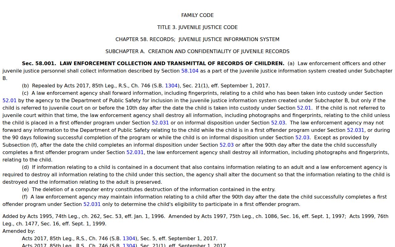 Texas Family Code Chapter 58 juvenile record statute