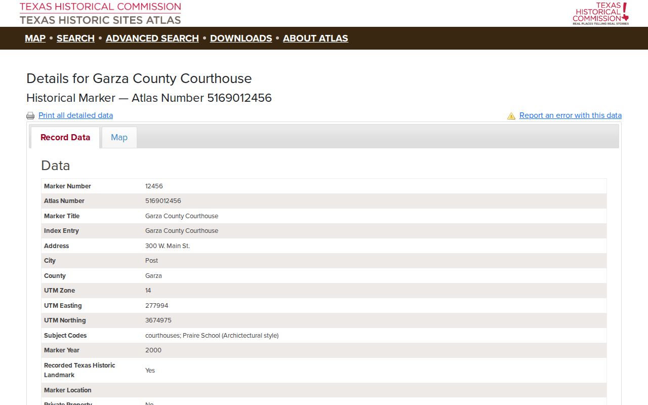 Texas Historical Commission record for the Garza County Courthouse